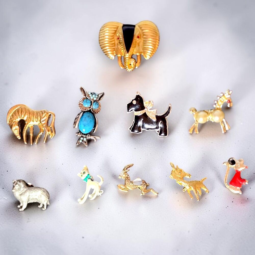 Lot 10 Animal Pins Brooches Elephant Owl Scottie Dog Cat Mouse Deer Unmarked
